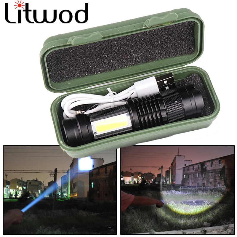 Minilinterna Táctica LED COB, Linterna con Zoom, Carga USB, Batería Integrado, Resistente al Agua, Lámpara con Bombilla, 4000lm