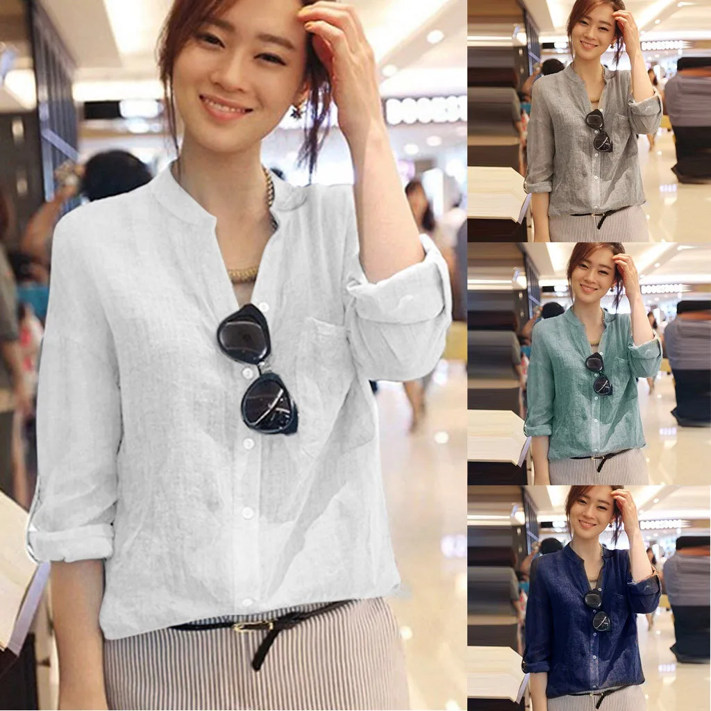 Однотонные свободные топы из хлопка белая рубашка с длинным рукавом