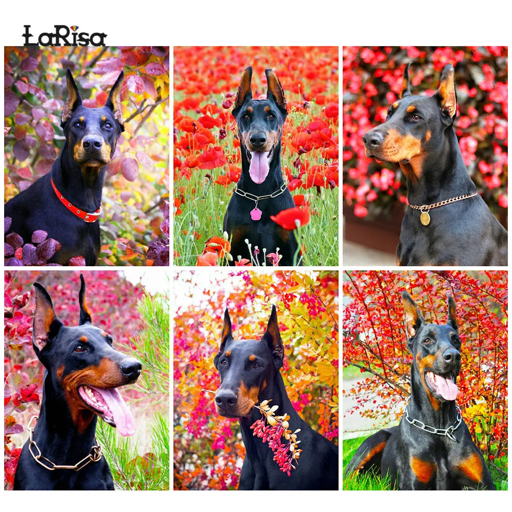 Алмазная 5D Вышивка Doberman с изображением собаки мозаика цветами Стразы полная