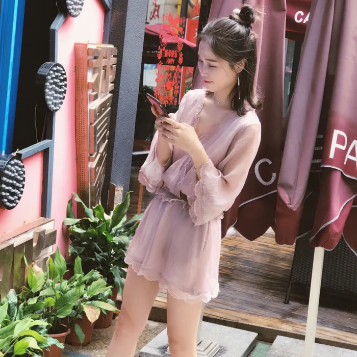 

021 Summer New Graceful Elegant Yarn Top + Wide Leg Shorts Two Pieces Fashion Suit Women 's Fashion Ins Style