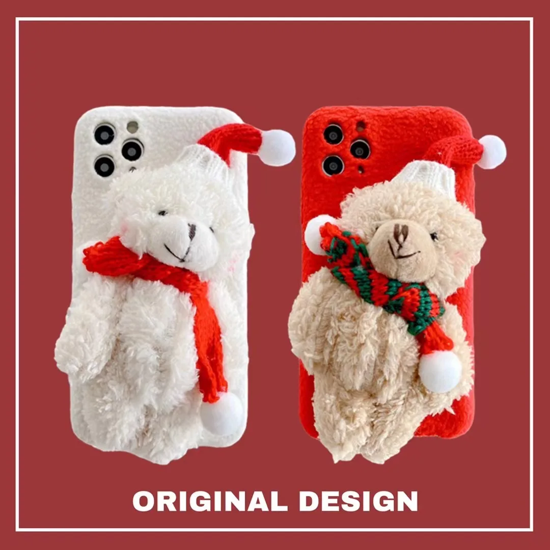 

Christmas Gift Cute Bear Case For iPhone 11 12 13 Pro X Xs Max XR 7 8 Plus SE 2020 Winter Warm Soft Plush Furry Fur Hair Cover