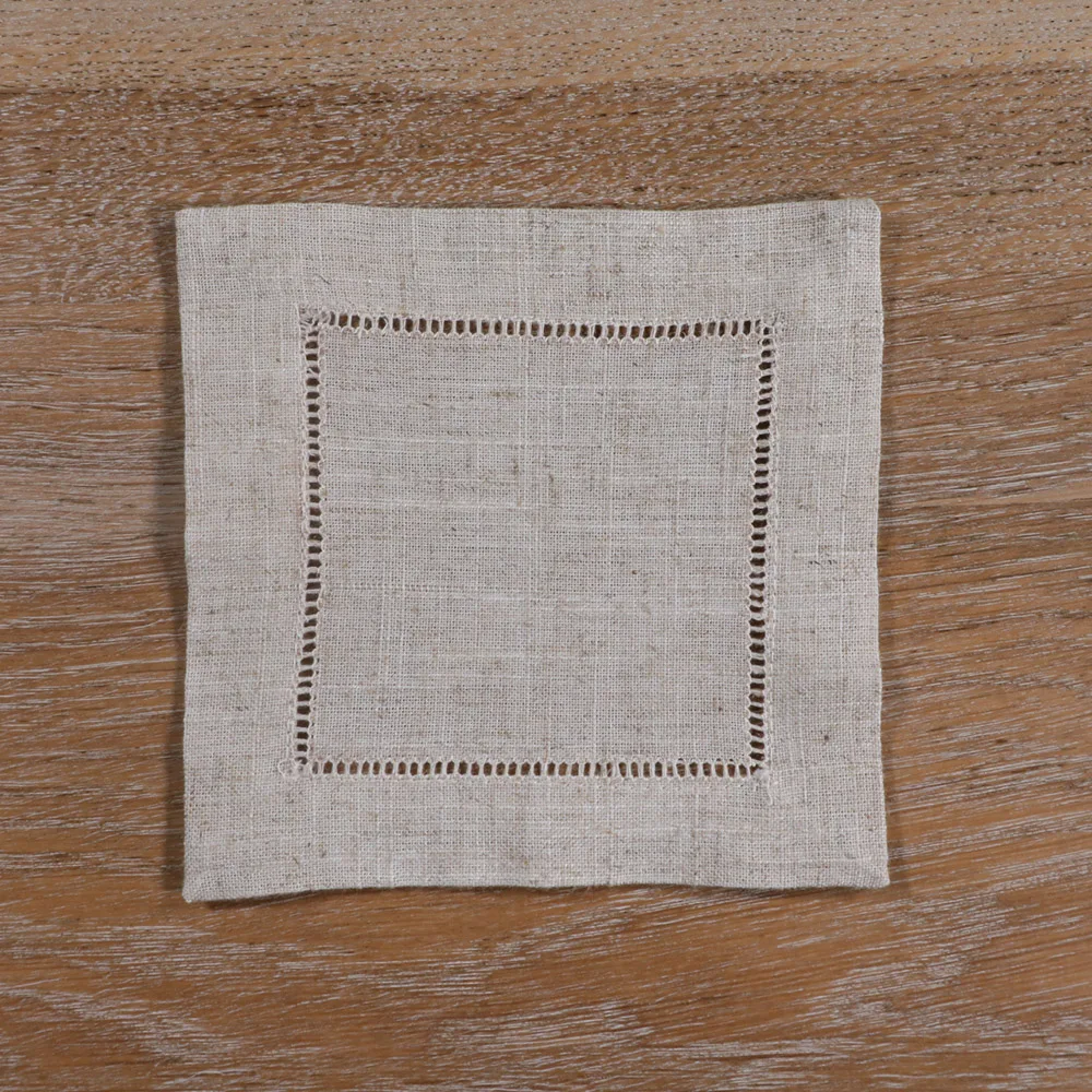 

N038-6: 12 pieces Natural Flaxen Polyester Linen Hemstitched Cocktail Napkins Ladder Hem Stitch Cloth Napkin Coasters