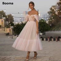 booma blush pink short prom dresses 2021 off shoulder tiered skirt a line party dresses pleated tea length tulle formal gowns