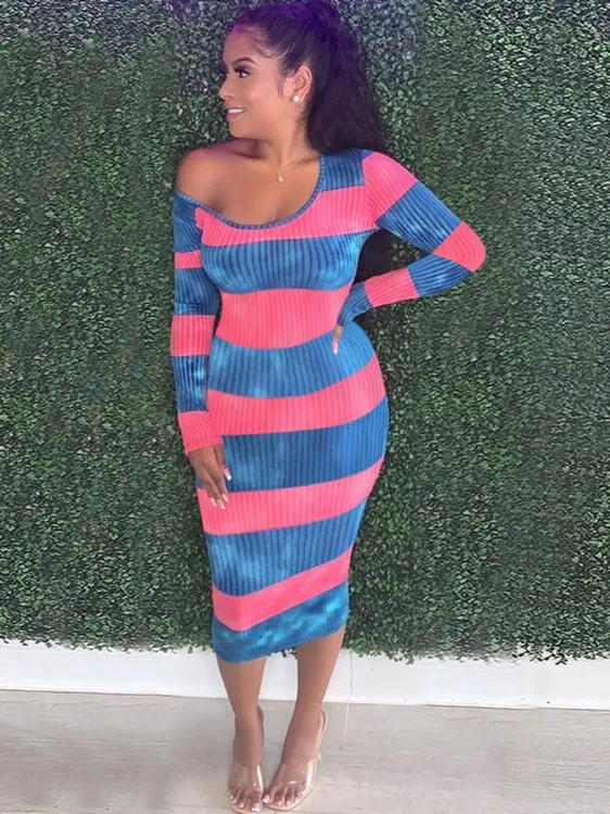 

2021 Autumn/Winter Dress for Women Sexy Skinny Casual Long Sleeves Pink Blue Striped Screw Thread Maxi Dresses for Women