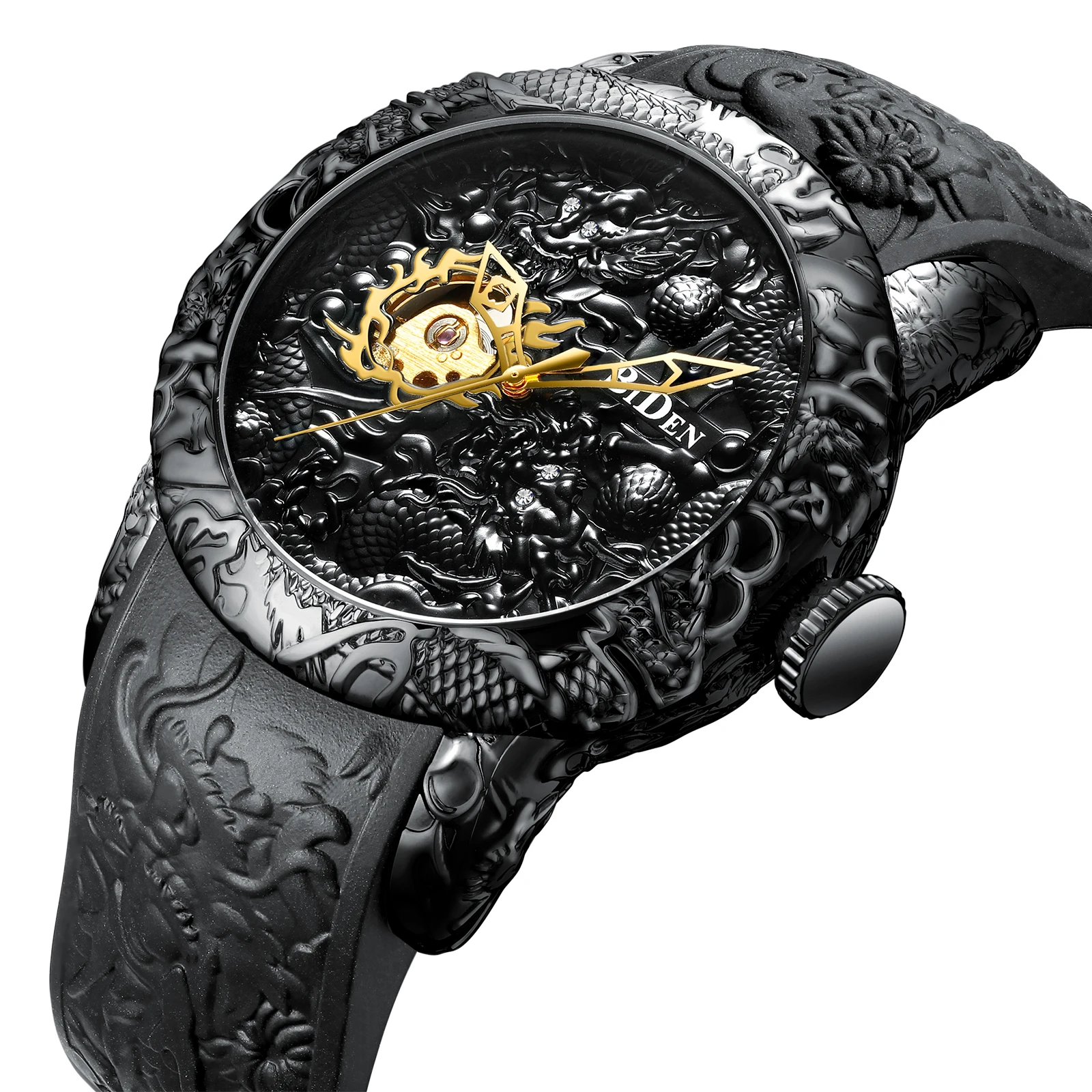 BIDEN Fashion Mechanical Watches Waterproof Mens Automatic Wristwatch Silicone Strap Luxury Pattern Design Unusual Male | Наручные часы