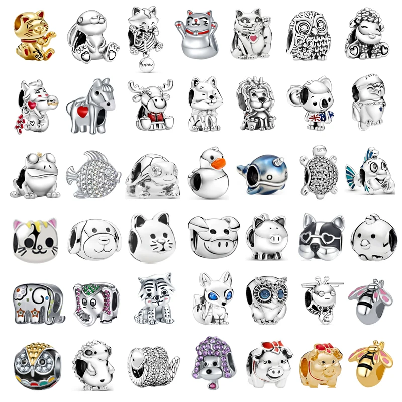 

45 Style Animal Cute Owl Reindeer Lion Cat Dog Fox Bee Beads Fit Original Pandora Charms Silver Color Bracelet Women DIY Jewelry