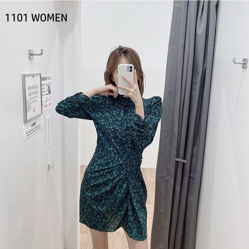 ZA Новое весеннее женское зеленое платье с цветочным принтом и рукавами