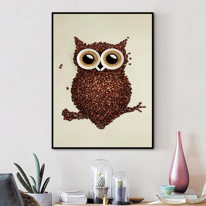 Современный домашний декор Настенная картина кофейные зерна и сова маслом