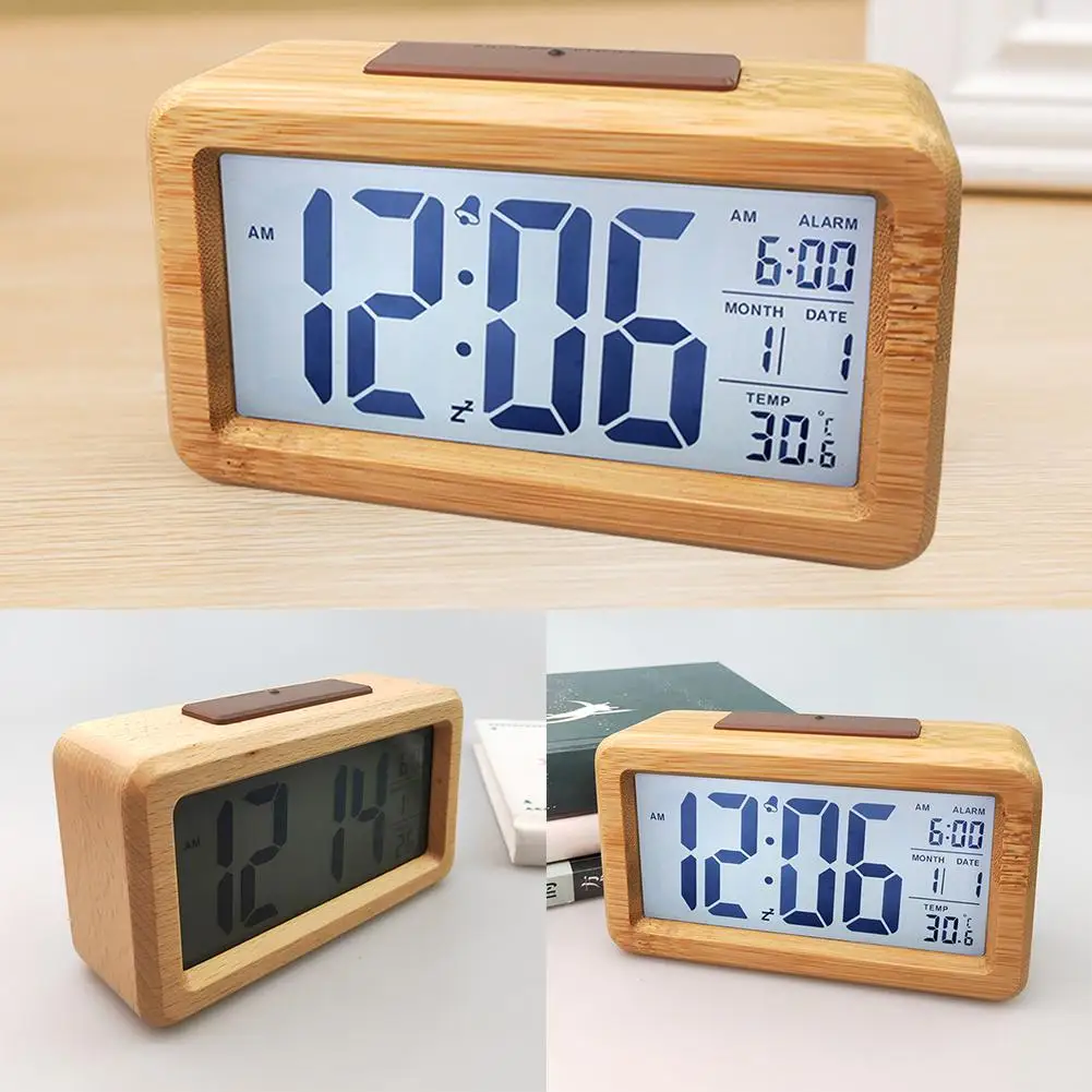 

HOT SALES!!! Wooden LED Light Backlight Digital Display Desktop Snooze Electronic Alarm Clock Temperature Monitor for Home Use