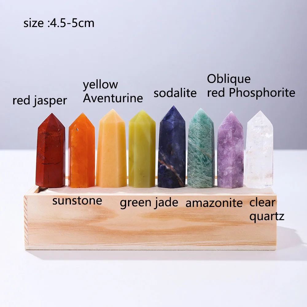 8Pcs/set Crystals Chakra Array Amazonite Stone Points Natural Quartz Hexagonal Prism Healing Wand Wooden Gift Box - купить по