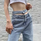Повседневные свободные джинсовые брюки, женские пикантные прямые джинсы с двойным поясом и вырезами, осень 2021, модные широкие джинсы с высокой талией
