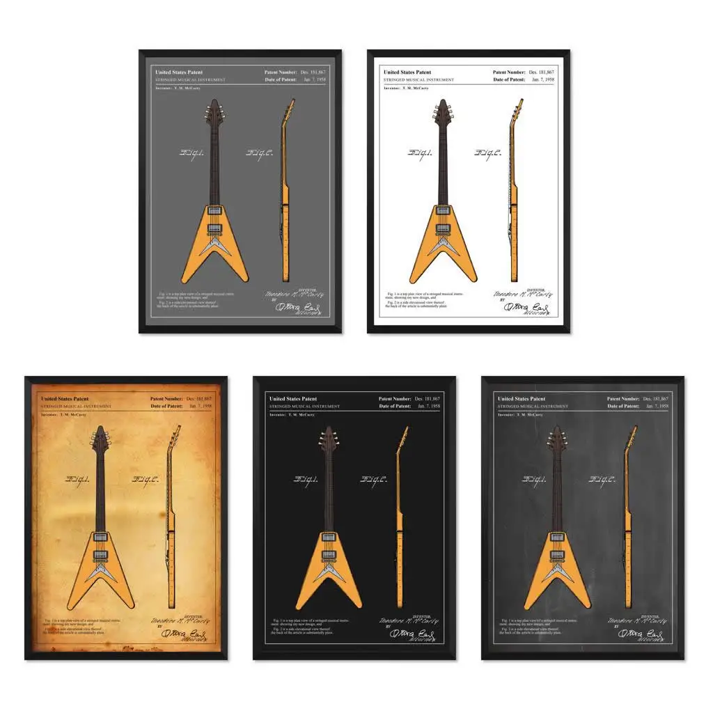 Винтажный Гибсон Летающий V 1958 гитара красочный патент схема плакат Холст