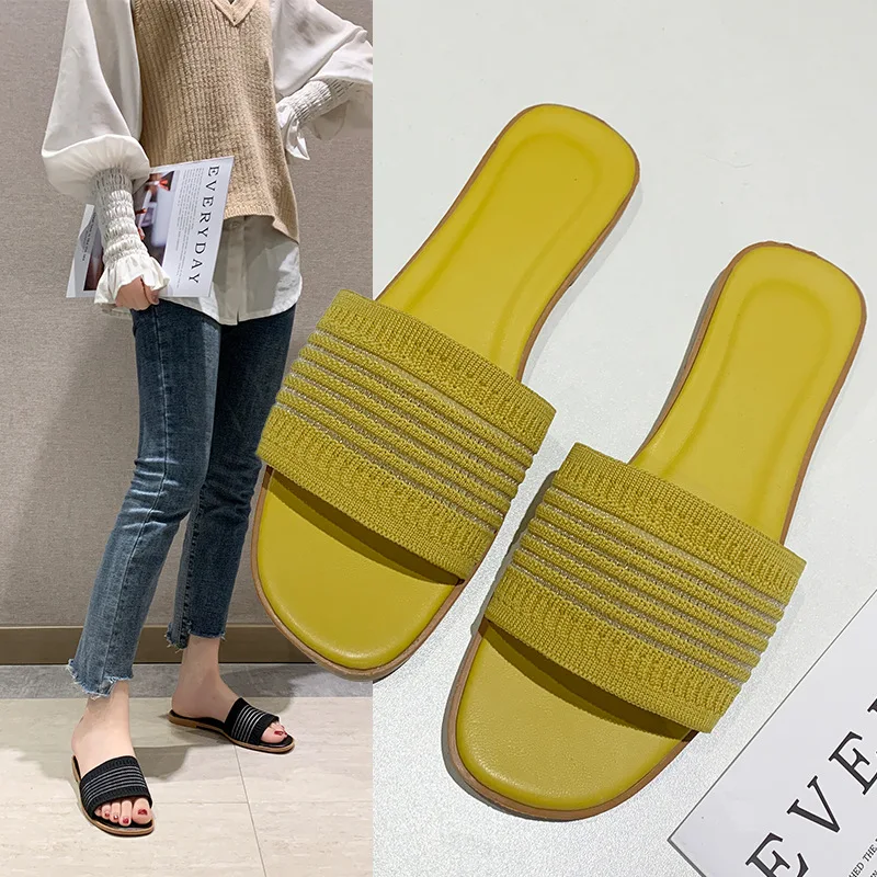 

Flat bottom sandals women wear fashion net red knitted one-line lazy slippers