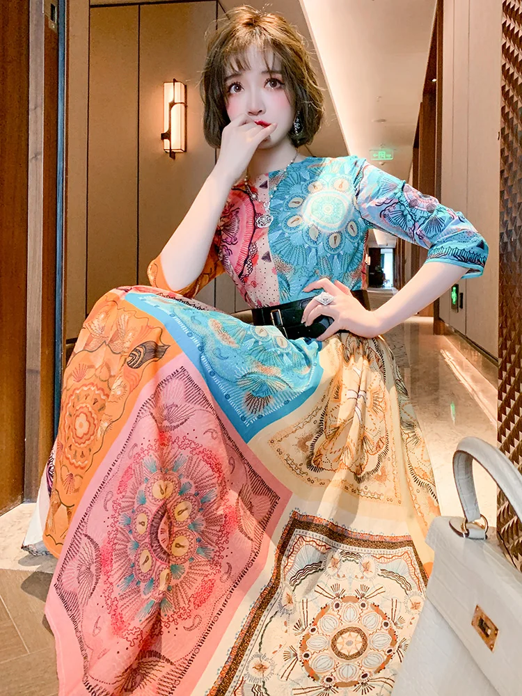 

2021 New Spring Elegant Fashion Art Print Dresses Vintage Women O-Neck High Waist Casual Big Swing Dress With Belt Vestidos