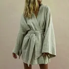 Кардиган-кимоно Женский с V-образным вырезом, белое хлопково-льняное мини-платье с длинным рукавом, поясом, на шнуровке, свободного покроя, лето 2021