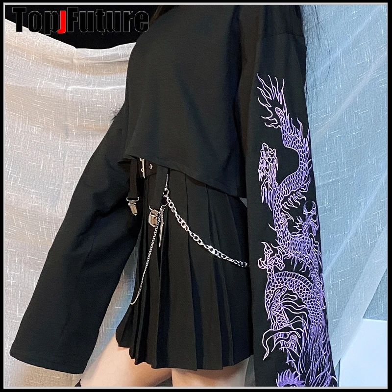 Женская футболка в стиле преппи с длинным рукавом и вышивкой виде дракона |