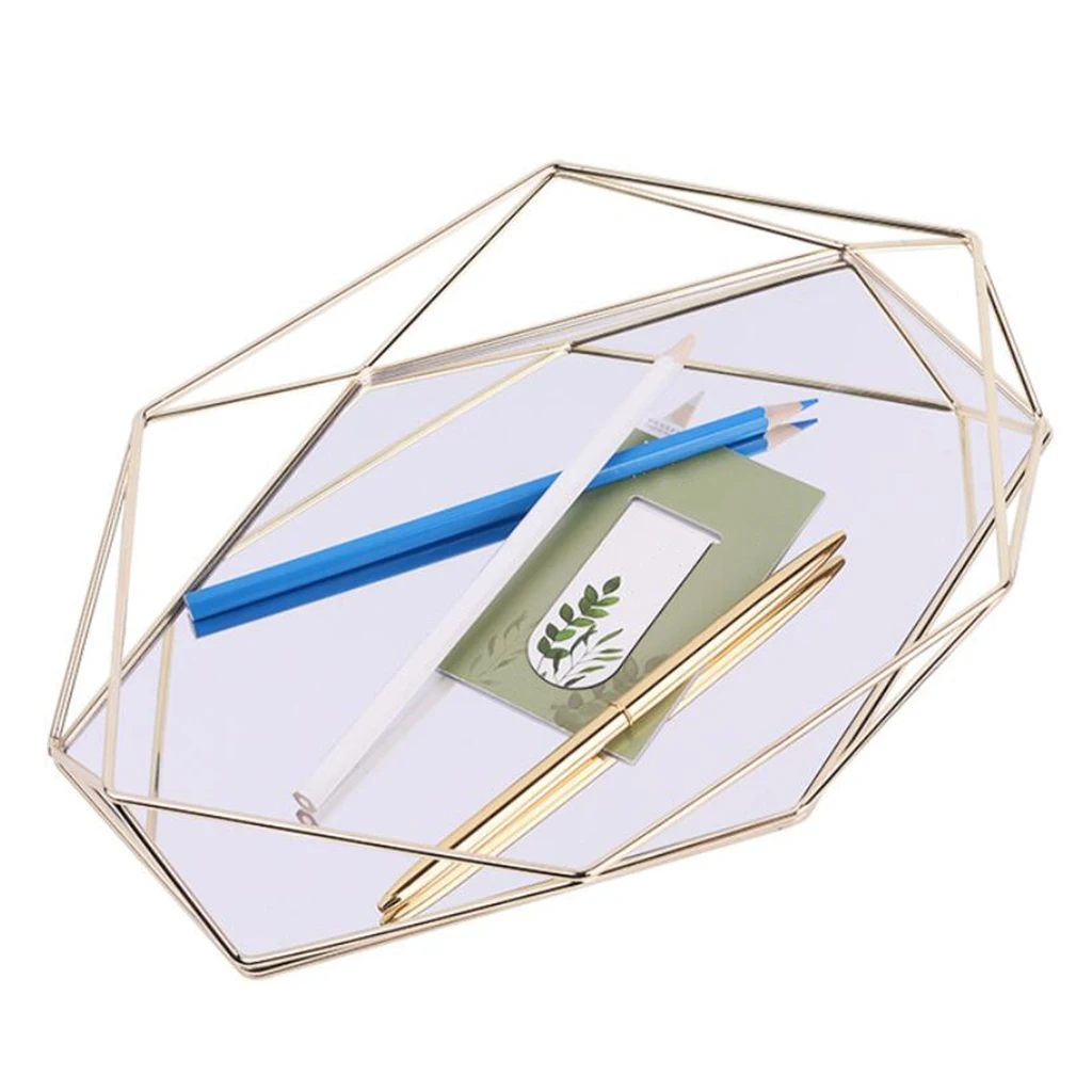 

Hexagon Cosmetic Tray Decor Plate, Iron Wire+Acrylic Mirror Base Organizer