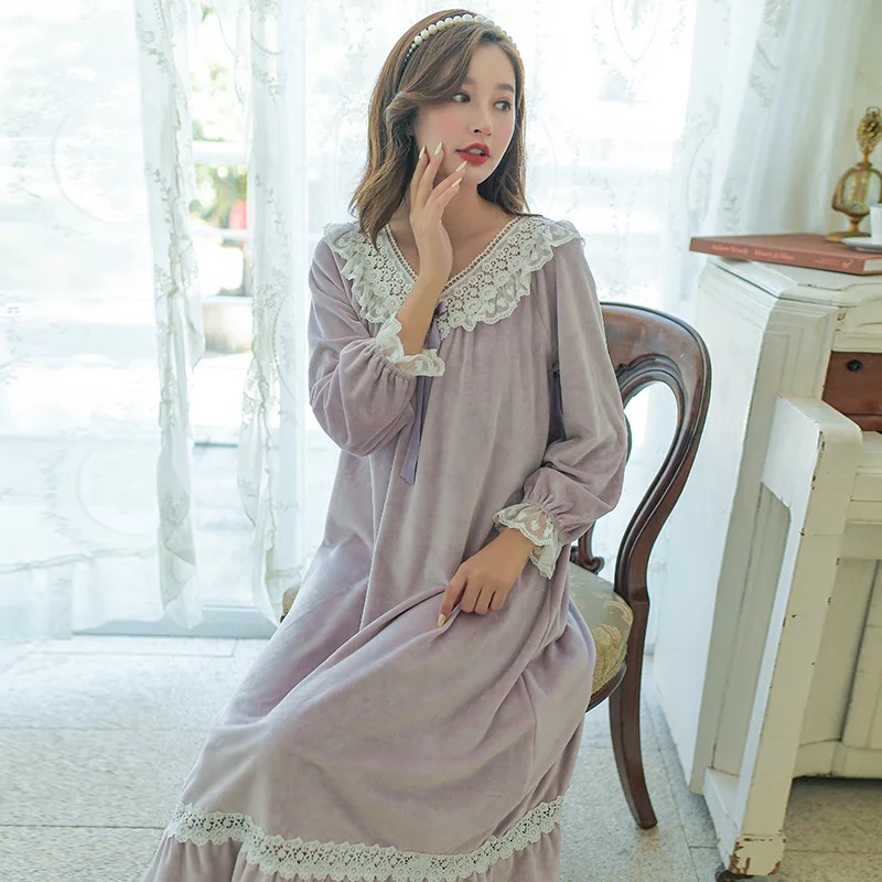 Ночные рубашки в стиле принцессы Женская осенне-зимняя утепленная Вельветовая