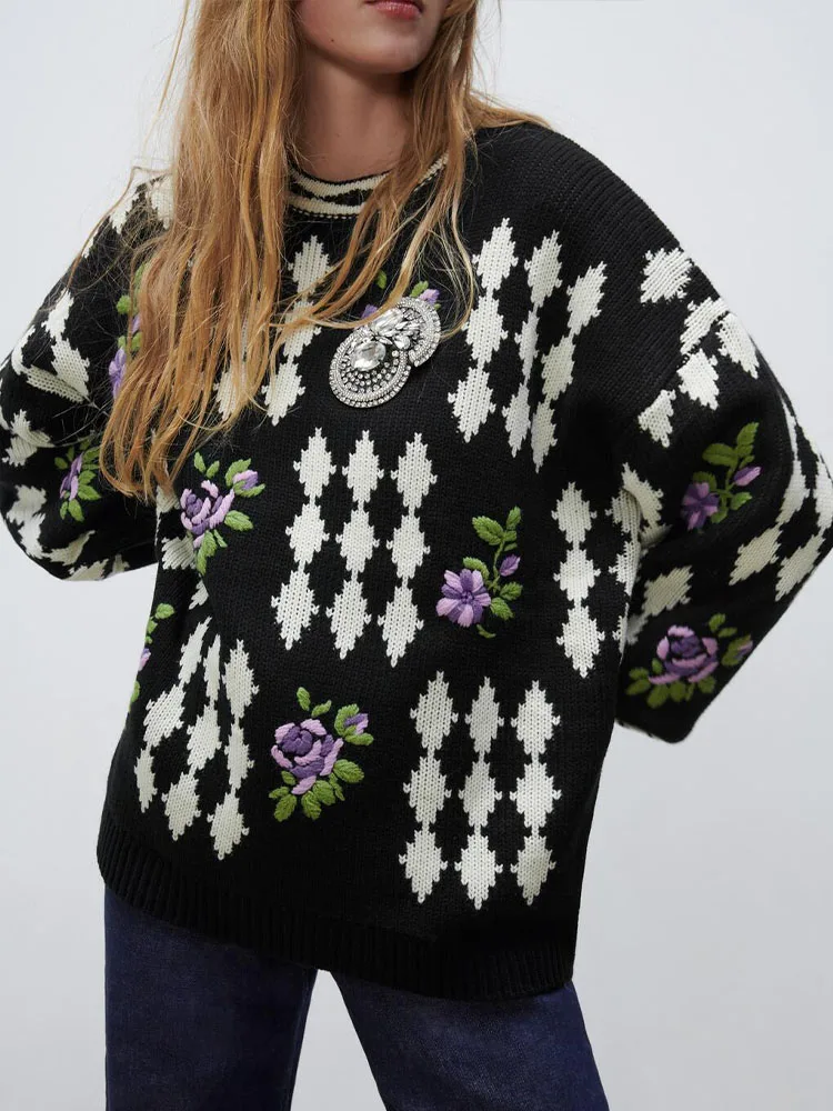 Женский жаккардовый свитер ZA трикотажный пуловер с круглым вырезом и цветочной