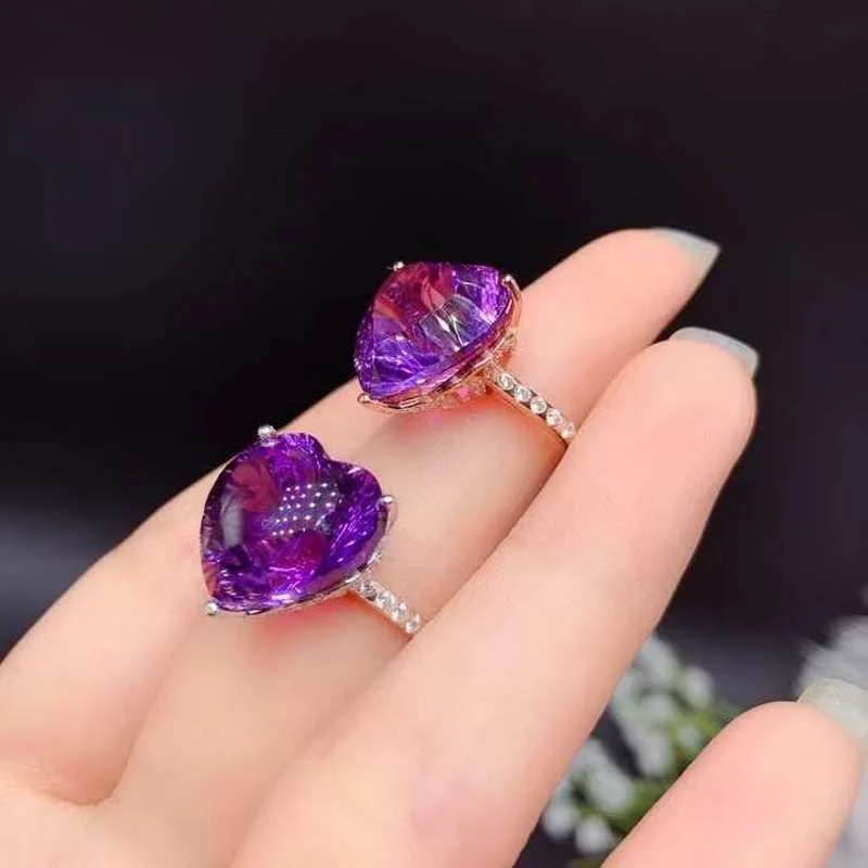 925 Silver Ring Set  Women  Rings for Women Engagement Natural Amethyst Heat Shape Ring