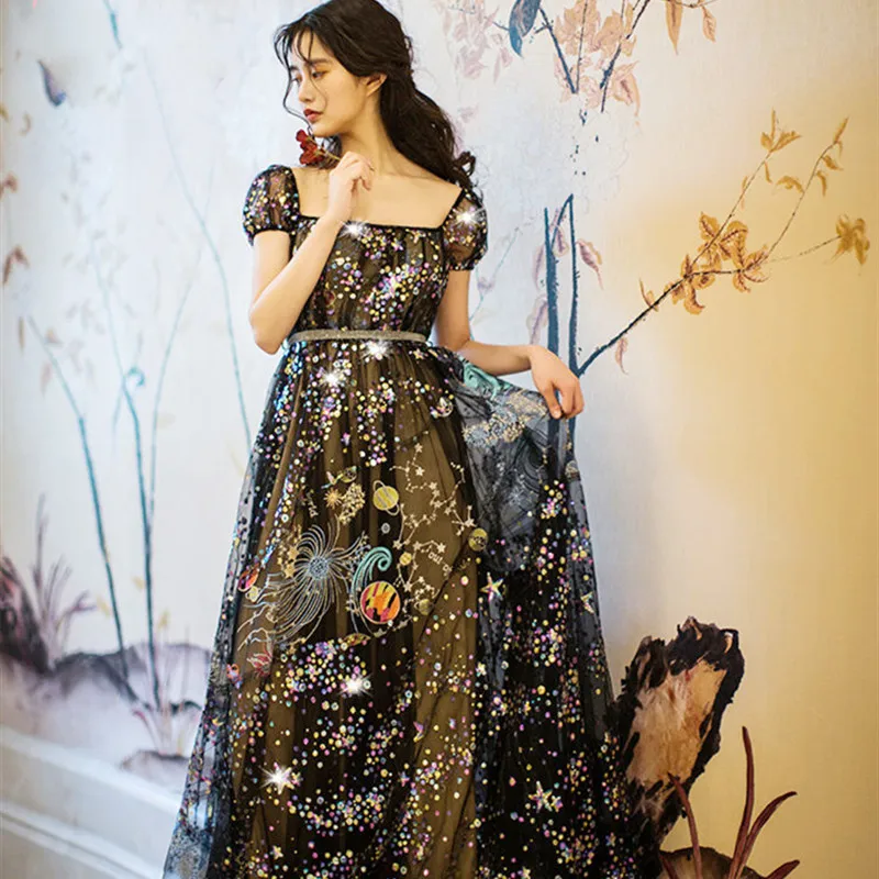 Женское винтажное Сетчатое платье-макси Элегантное Черное длинное платье с