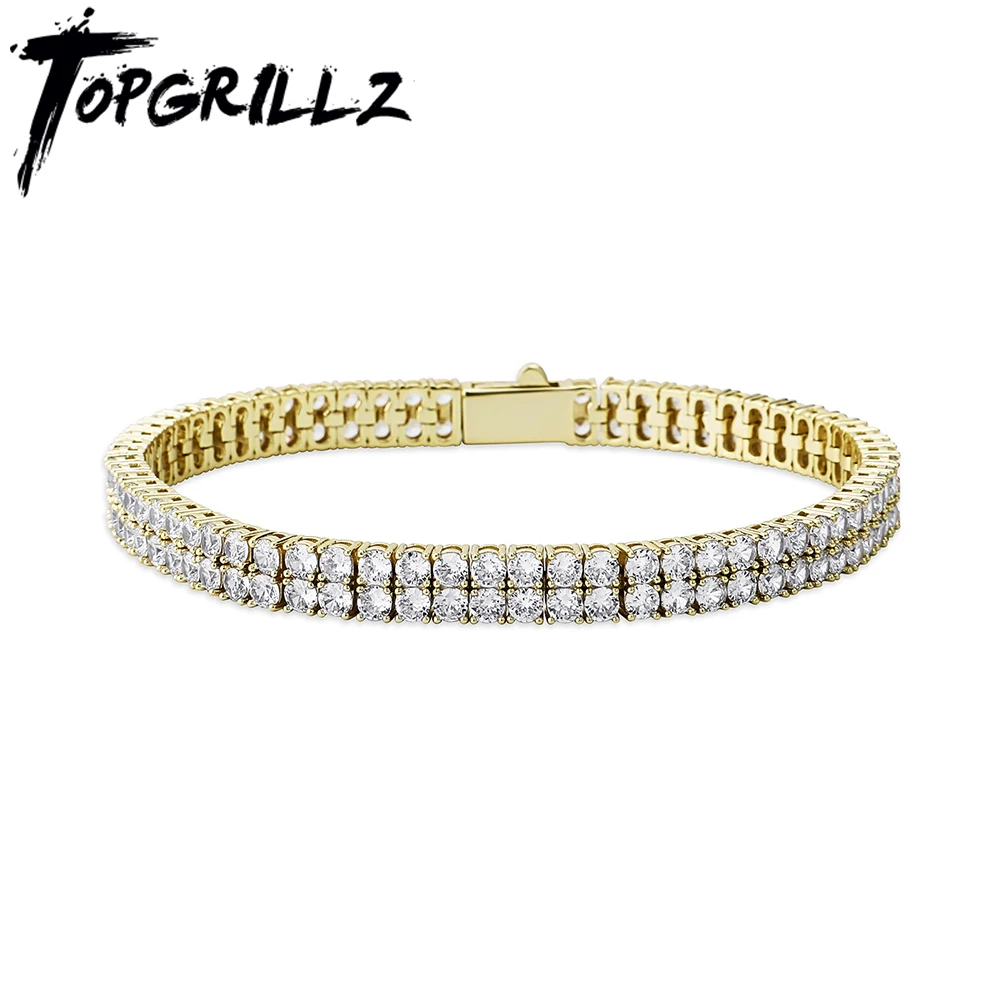 

TOPGRILLZ, новинка, 3 мм, 2 ряда, кубический цирконий, теннисная цепочка, браслет с новой весенней застежкой, побрякушки, Iced Out, CZ, ювелирное изделие,...