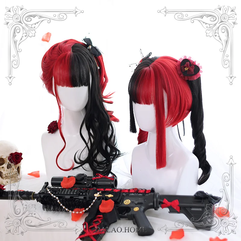 

High Quality Harajuku Soft Girl Lolita Red Black Together Color Long Curly Hair Tiger Mouth Clip Wig