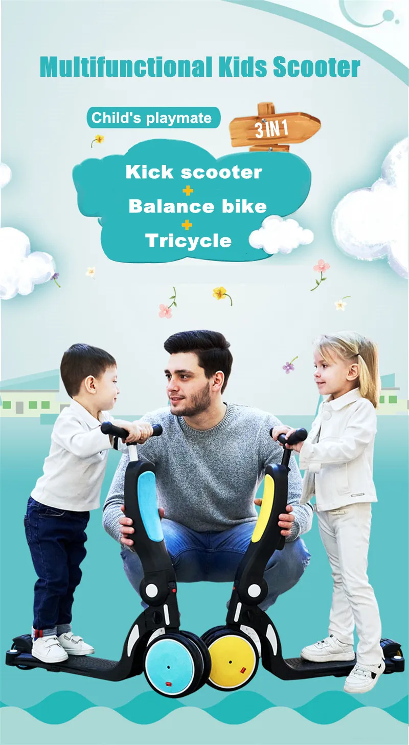 Детский скутер Kickboard+ трицикл+ балансировочный велосипед для От 1 до 6 лет ребенок кататься на игрушке мальчик девочка малыш скутер регулируемый