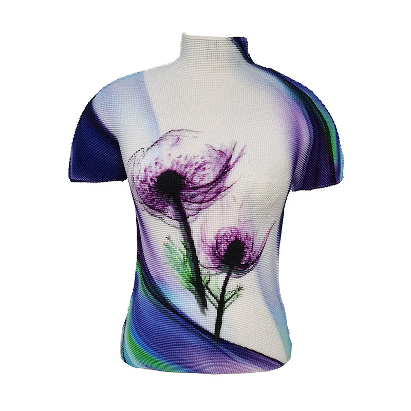 

Large Size T-Shirts For Female 45-75kg 2020 Fashion Printed Miyake Pleated Turtleneck Short Sleeved Slim Elastic Short Tops