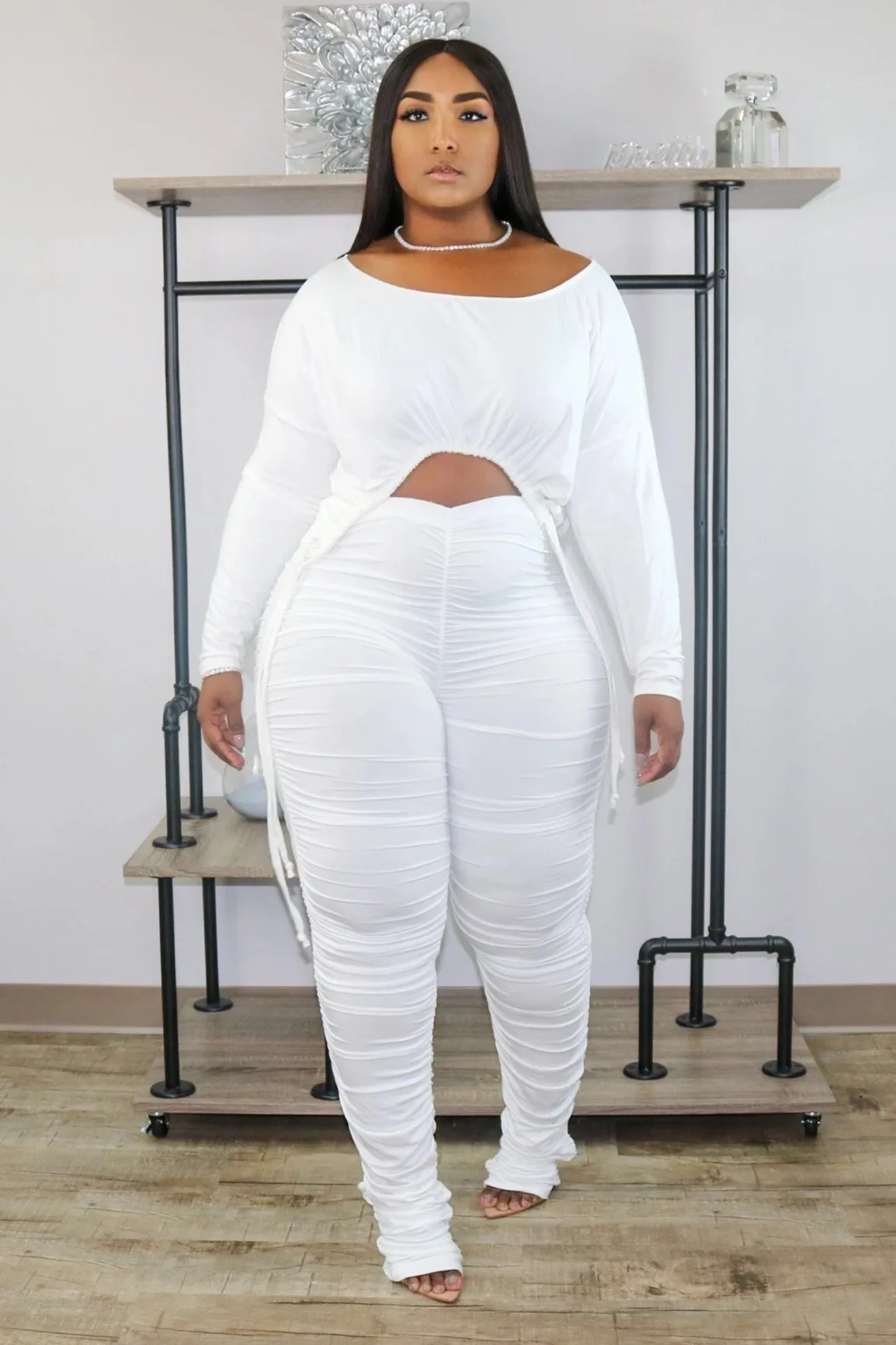 Fashion Plus Size Two Piece Set O Neck Pure Color Crop Long Sleeve Top and Stacked Pants Outfits for Women Clothes Lounge Wear