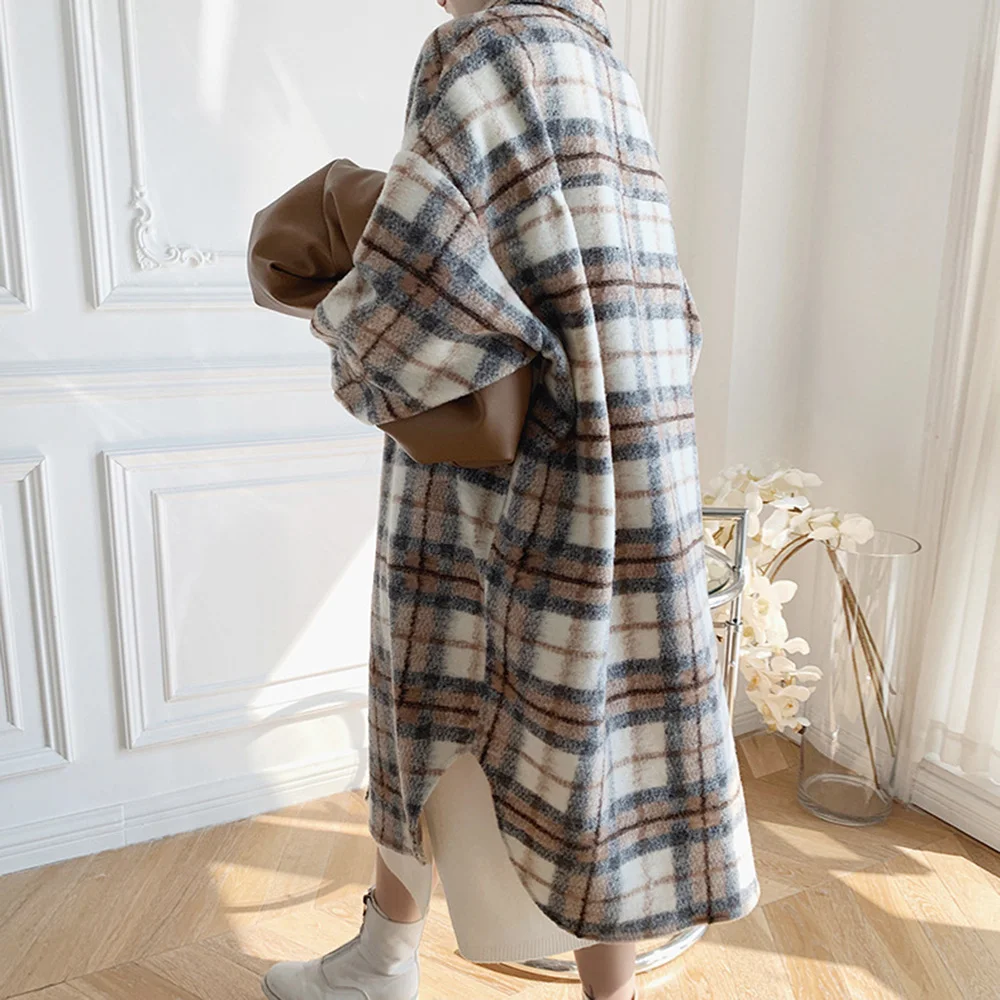 

#124 Fashion Hit Color Outwear Winter Coat Female Vintage Mid-Length Plaid Jacket Casual Loose Turn-Down Collar Women's Jacket