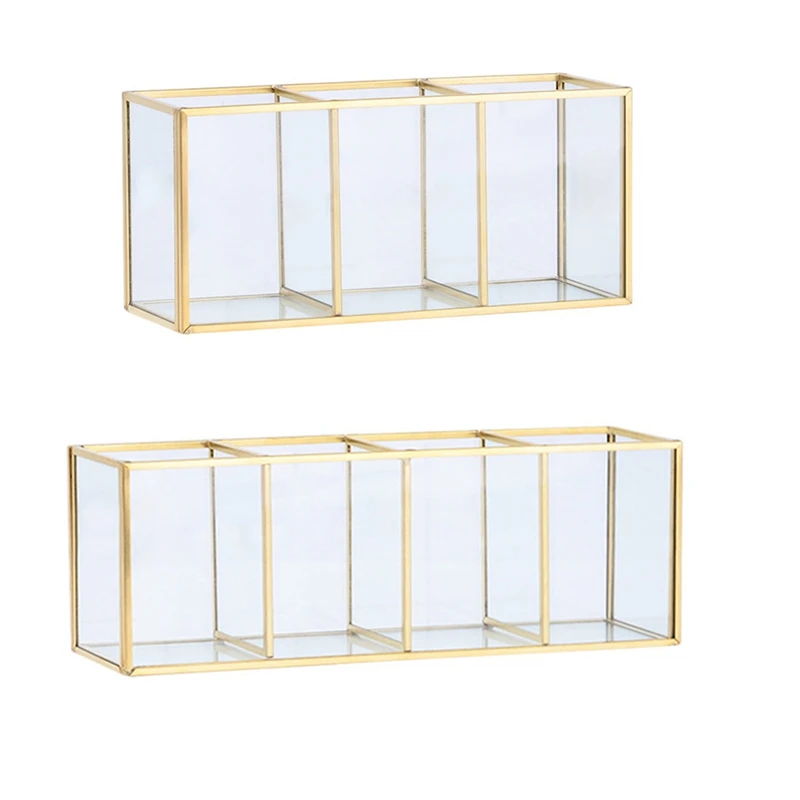 

2x Nordic Gold Grid Glass Flip Storage Tank Box Luxury Modern Cosmetics Storage Box Container Micro-Landscape Flower Room B & C