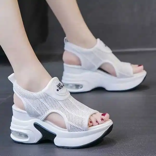 

Inner height sports everyday women's 2021 summer new versatile fashion open toe slope heel thick bottom net red flying weaving