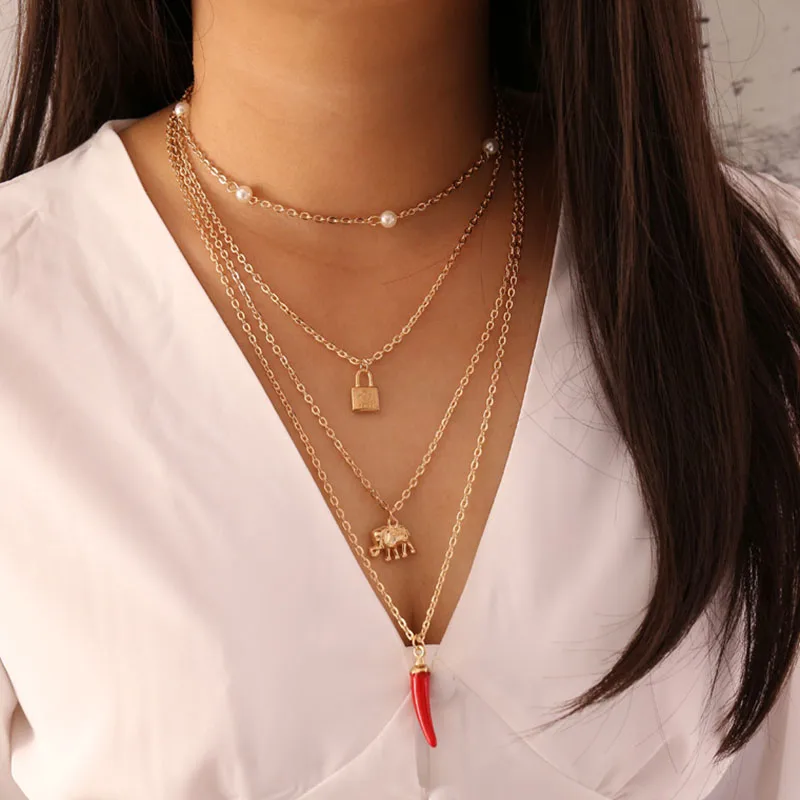 Винтажное многослойное ожерелье с подвеской в виде слона красным перцем чили и