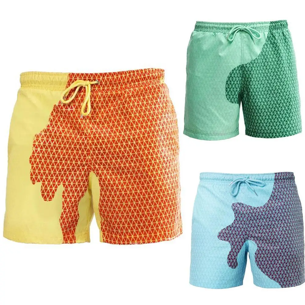 

1pc Men's Summer Quick Dry Drawstring Color Changing Temperature Sensitive Polyester Beach Shorts Swimming Trunks surf longboard