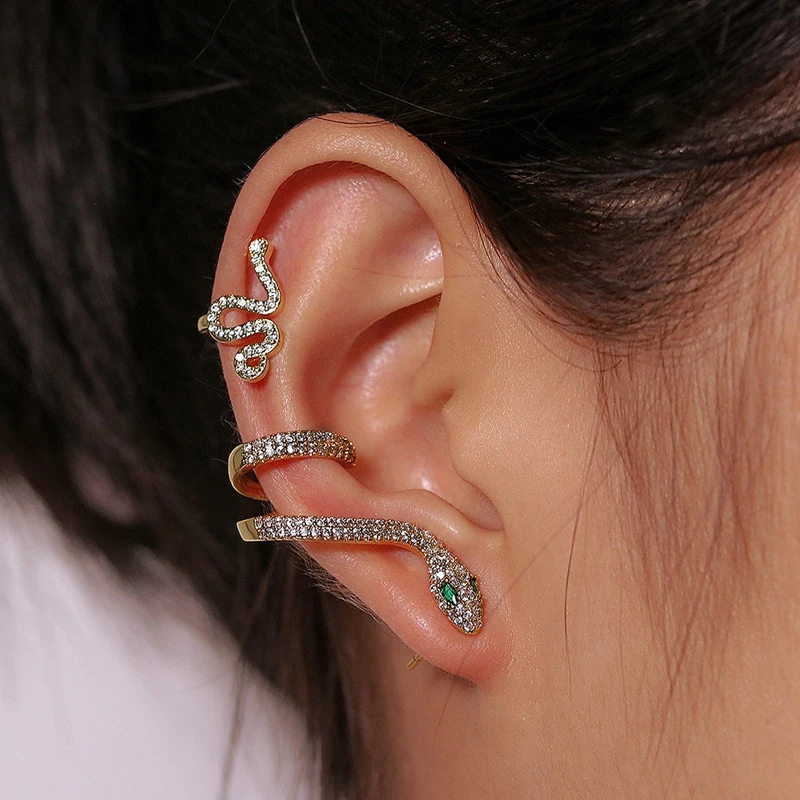 2pcs Set Clip On Earrings Ear Cuffs For Women Gold Color Snake CA Stone Accessorries Charm Earring