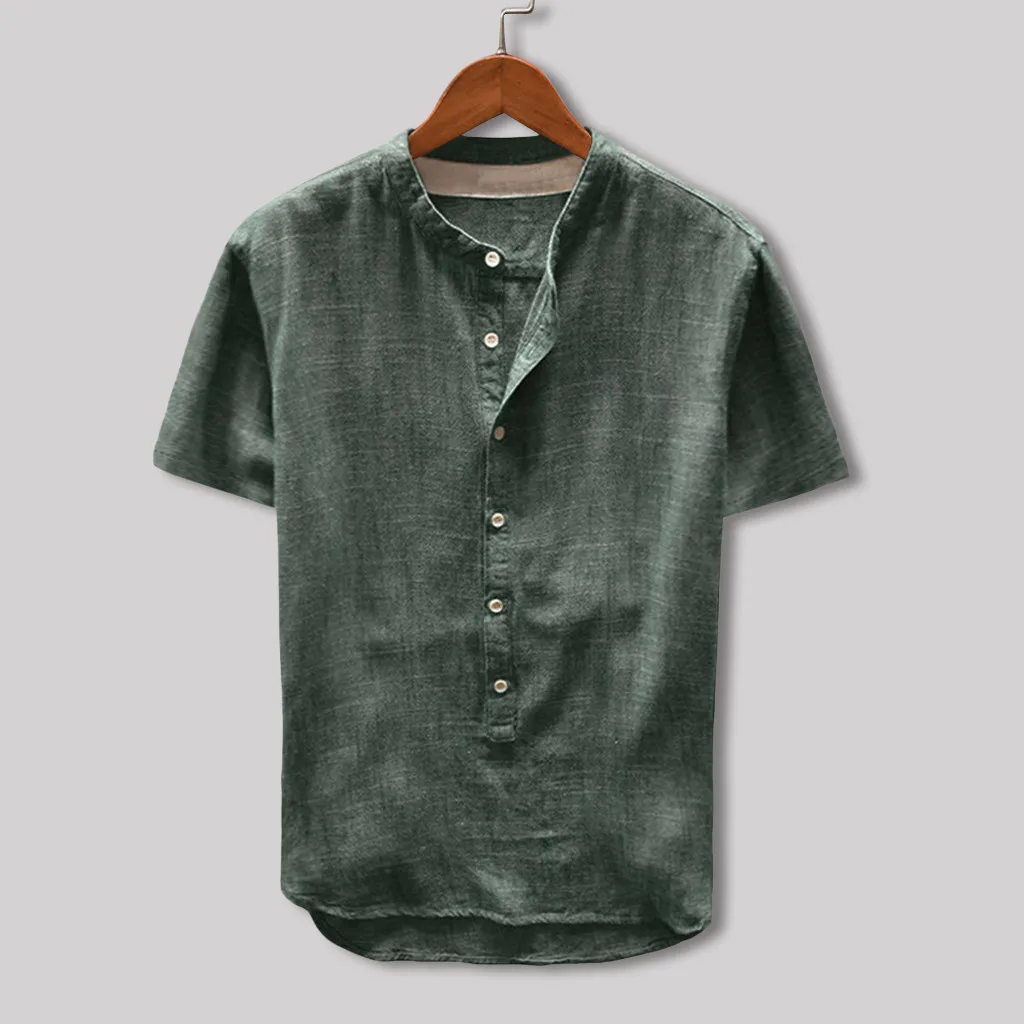 

Fashion Men's Linen Shirt Casual V Neck Summer Button Loose Tee Male Linen Cotton Short Sleeve Top Blouse Camisa Masculina