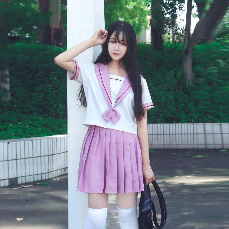 

Japanese School Jk Skirt Suit Pink Lolita Clothes Student Uniform Sailor Collar Short Sleeve Bowtie Shirt Pleated Mini Skirt Set