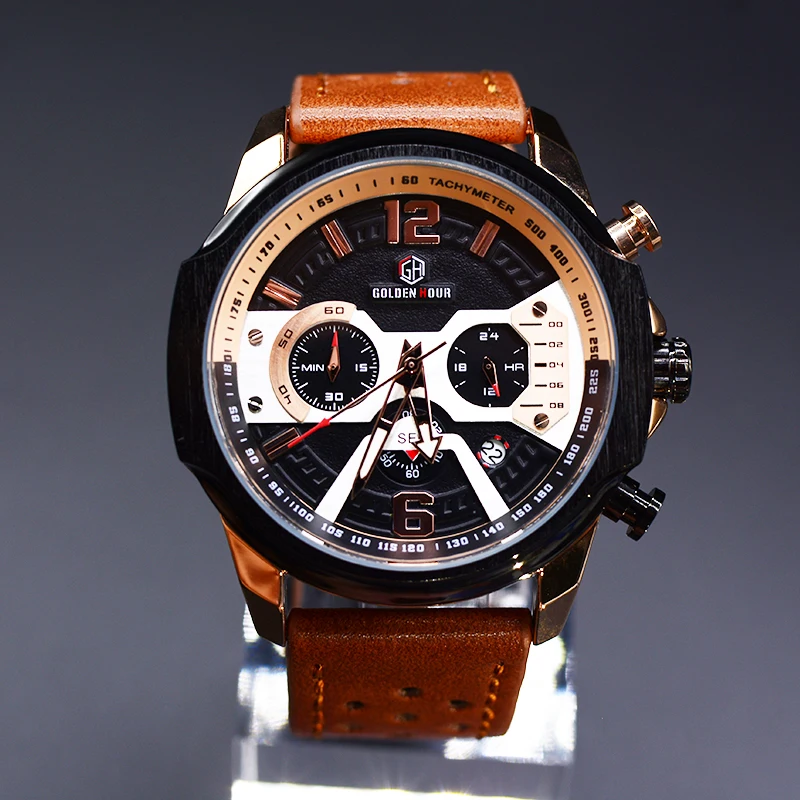 2019 GOLDENHOUR Мужские кварцевые часы с кожаным ремешком водонепроницаемые военные