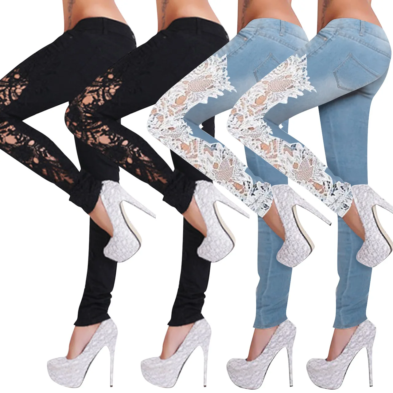 

Q662 European And American Women's Hollowed Out Washed Lace Splicing Jeans Women's Foreign Trade 1010