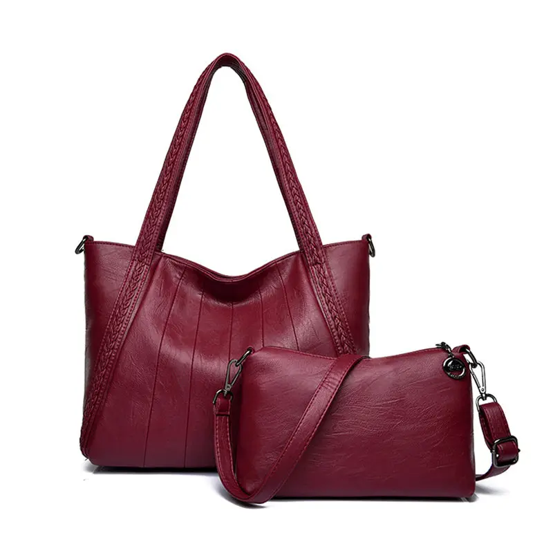 Wine red 2 комплекта, женские повседневные сумки-тоут, женская сумка, кожаная женская сумка на плечо, известный бренд, дизайнерские женские сумки-мессенджеры - Цвет: Wine red