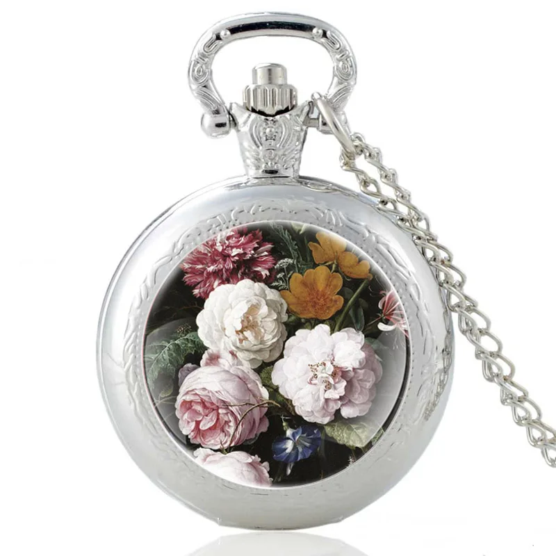 

Vintage Pretty Flower Painting Glass Cabochon Quartz Pocket Watch Men Women Pendant Necklace Chain Hours Clock