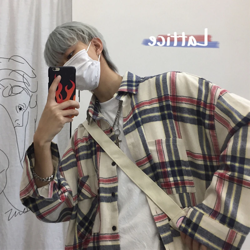 Японская Ретро Клетчатая Мужская рубашка свободная кнопка белая Повседневная