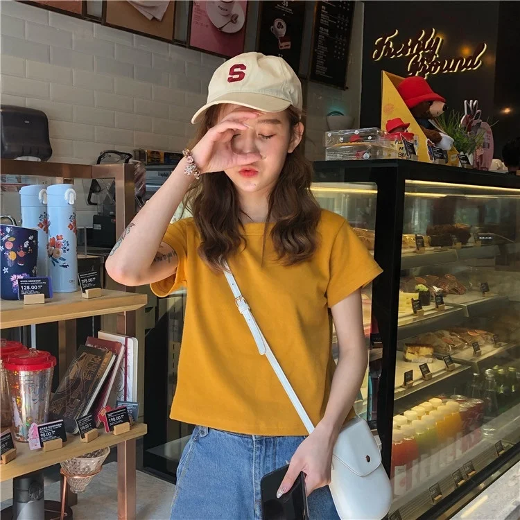 Женская футболка с коротким рукавом однотонная облегающая высокой талией в