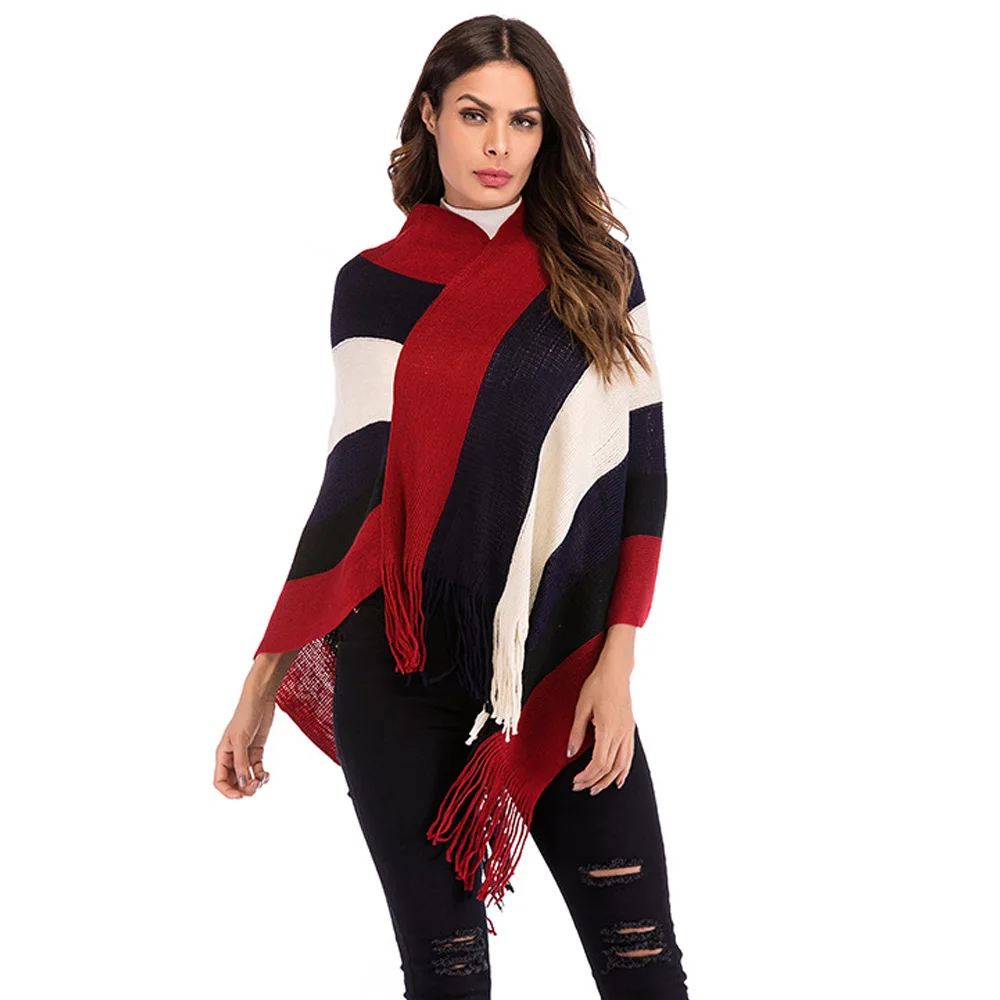 Joineles Autumn Wool Women Sweaters Stripe Tassels Fashion Knitwear Pullovers Female Outwear Tops Korean Style Cape Poncho | Женская