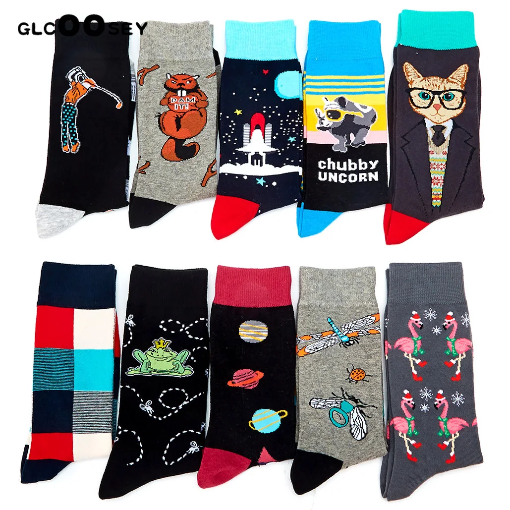 Harajuku Happy Men Socks Funny Mens Sloth Sock Tiger Animal Dragonfly Cat Squirrel Flamingo Frog Dog Novelty Combed Cotton Socks