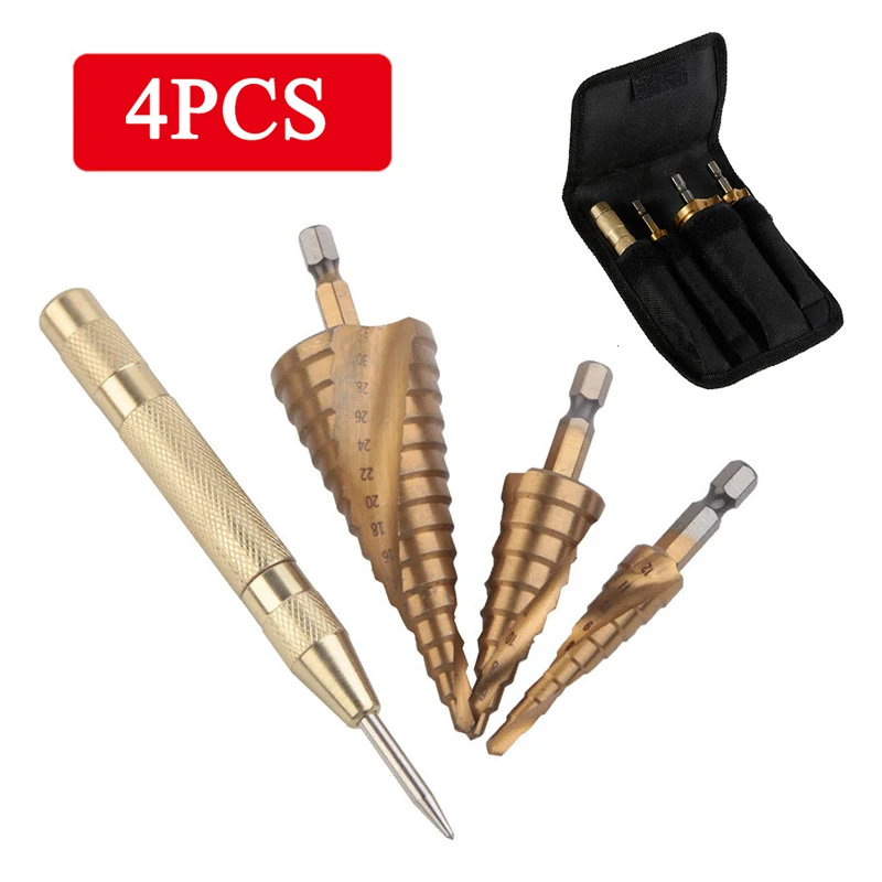 

3pcs 4-12/4-20/4-32mm Step Drill + Punch Set Metal HSS Spiral Pagoda Core Drill Bit Hexagon Shank Taper Hole Opener