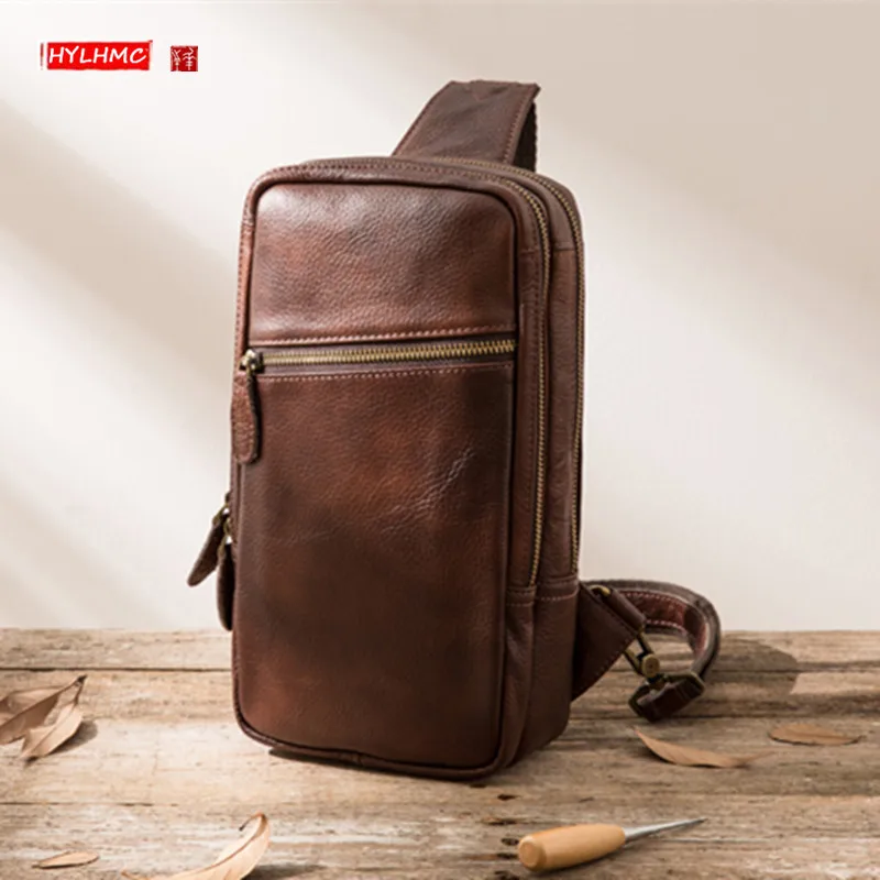 2021 New Retro Genuine Leather  Men's Chest Bag Back Pack Casual Shoulder Bag First Layer Leather Large Capacity Vintage Bags