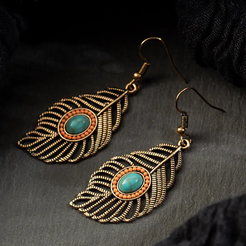 Винтажные серьги-подвески в виде античного листа с камнем для женщин 2020 модные