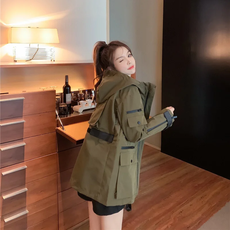 

Женский Тренч, повседневная короткая верхняя одежда для женщин, Свободное пальто, Регулируемая Талия, Женская ветровка с капюшоном, модные ...